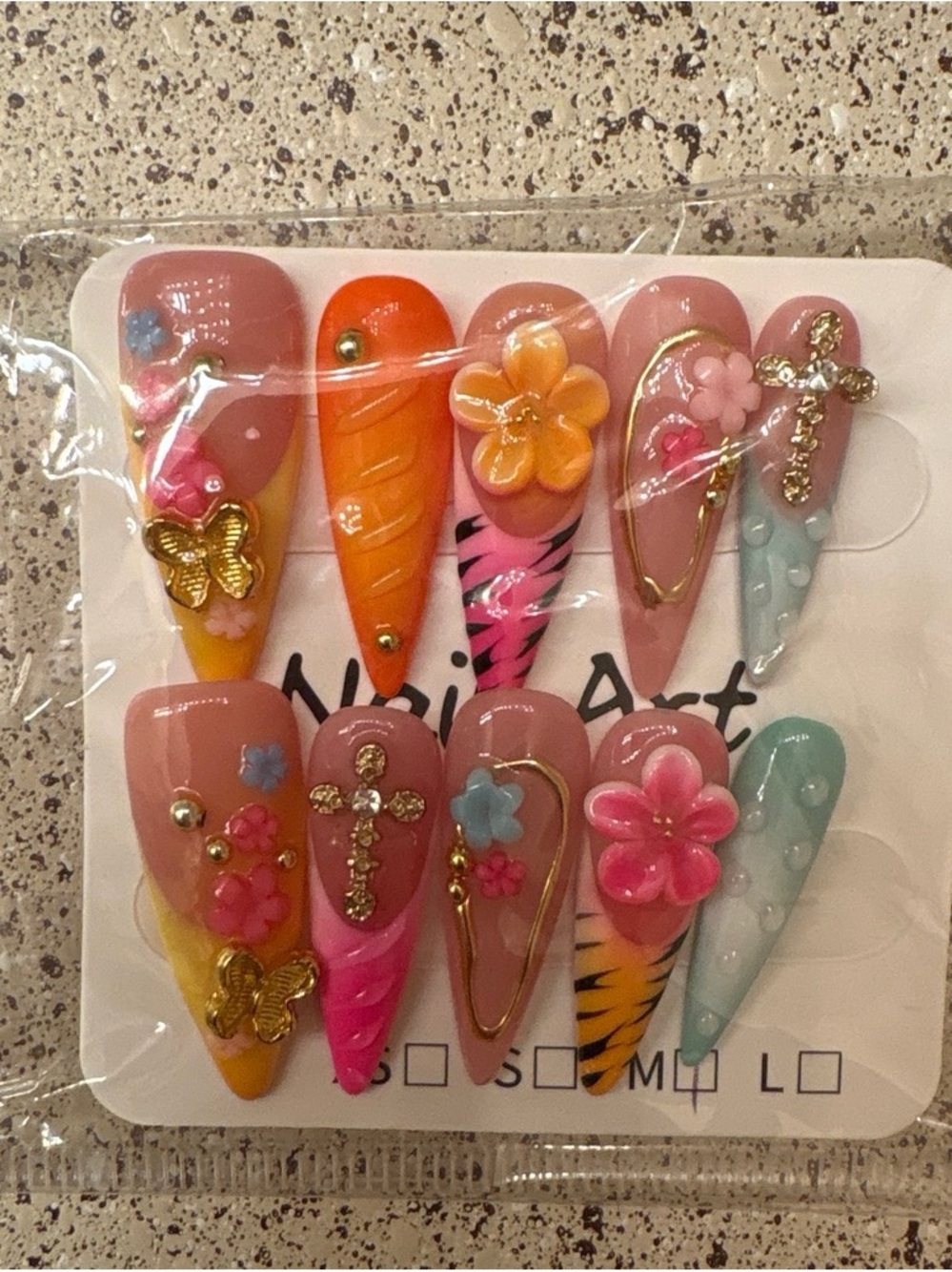 Press-On Nail Set - Pink, Orange, Yellow, Blue
